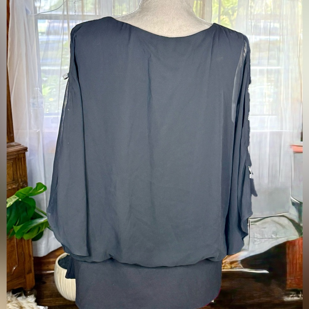 MSK Women Black Chiffon Women's Top with Rhinestones - Picture 3 of 4